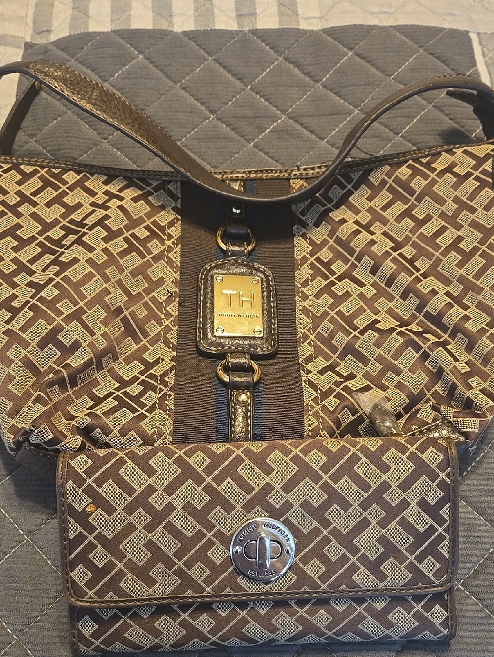 Tommy Hilfiger Brown Monogram Shoulder Bag with Matching Wallet